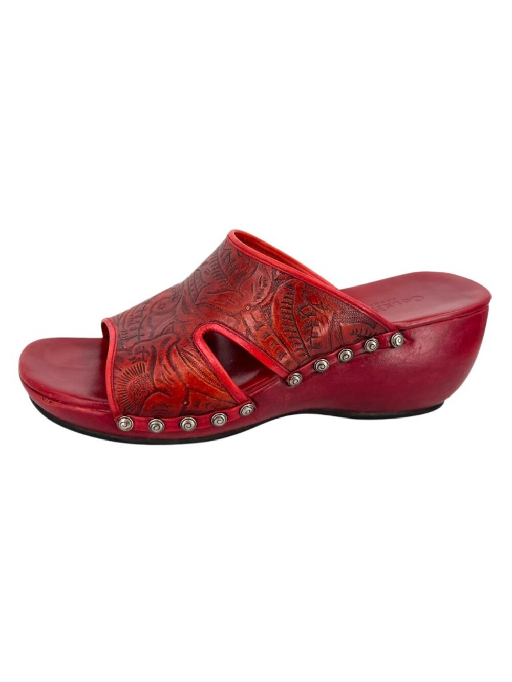 Cole Haan Red Tooled Boho Leather Slide-On Wedge Sandal Rivet Accents Size 8.5